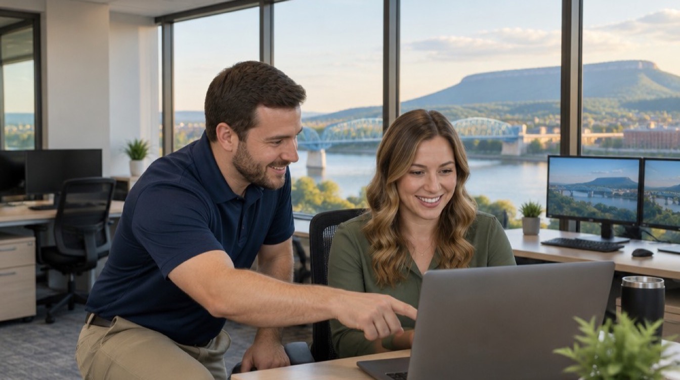 IT technician helping an employee with her laptop in an office