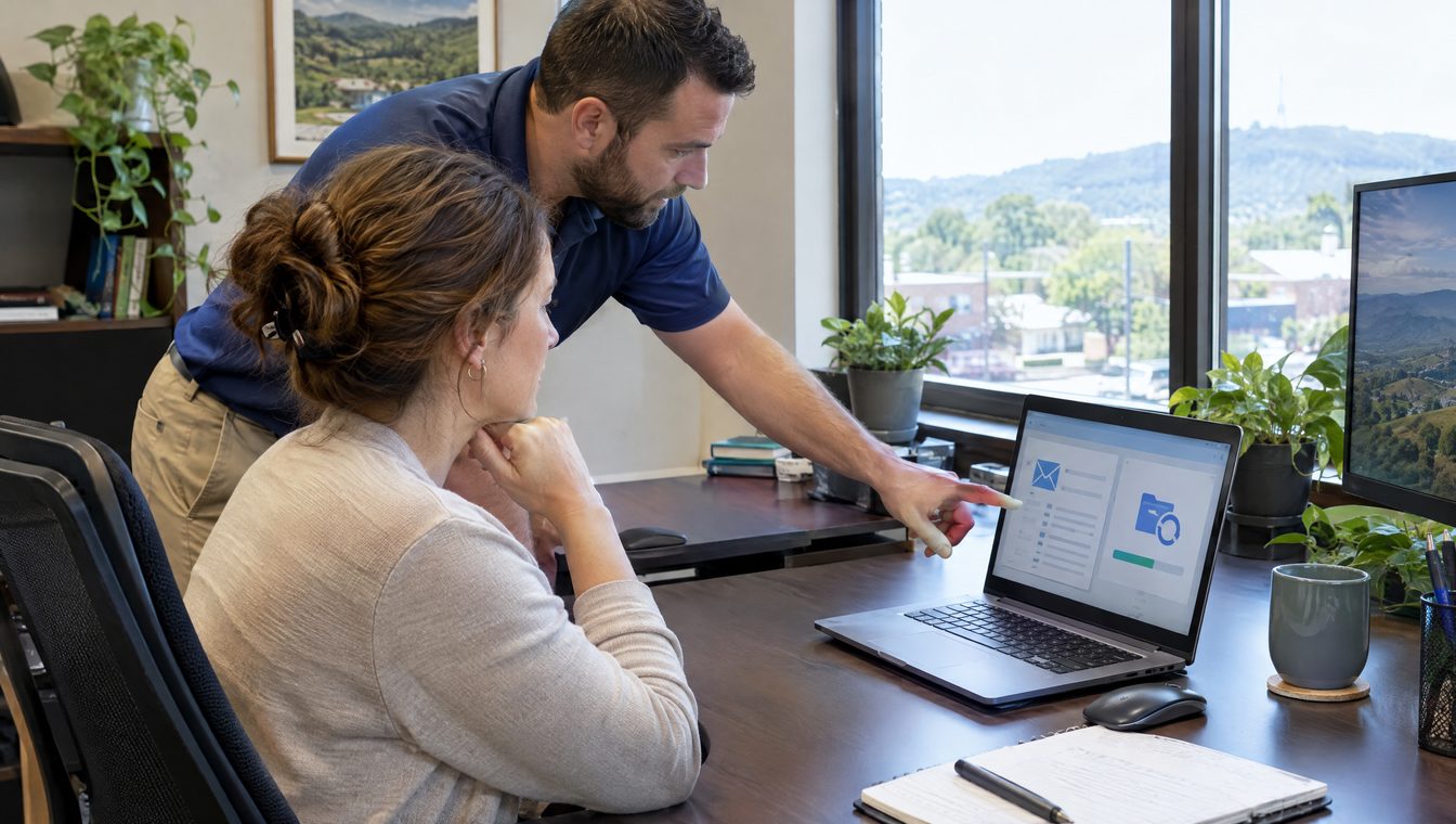 Office manager at her desk restoring deleted email and files on a laptop while an IT technician points to the screen