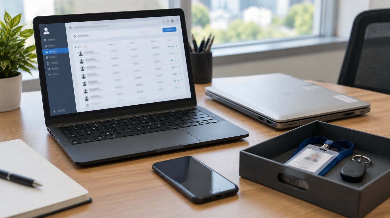 Returned company laptop, phone, ID card and key fob on a desk next to an account management screen