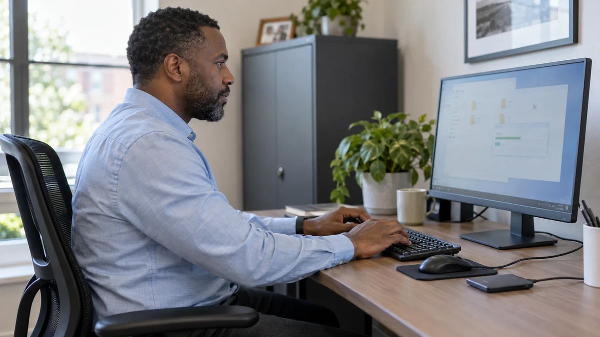 IT specialist reviewing files at a desktop workstation with an external drive