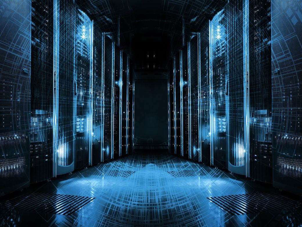 Rows of server racks in a data center