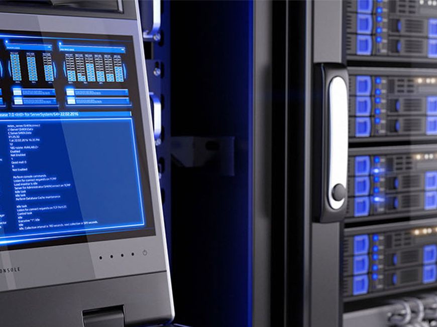 Rack servers with a pull-out console monitor in a server room