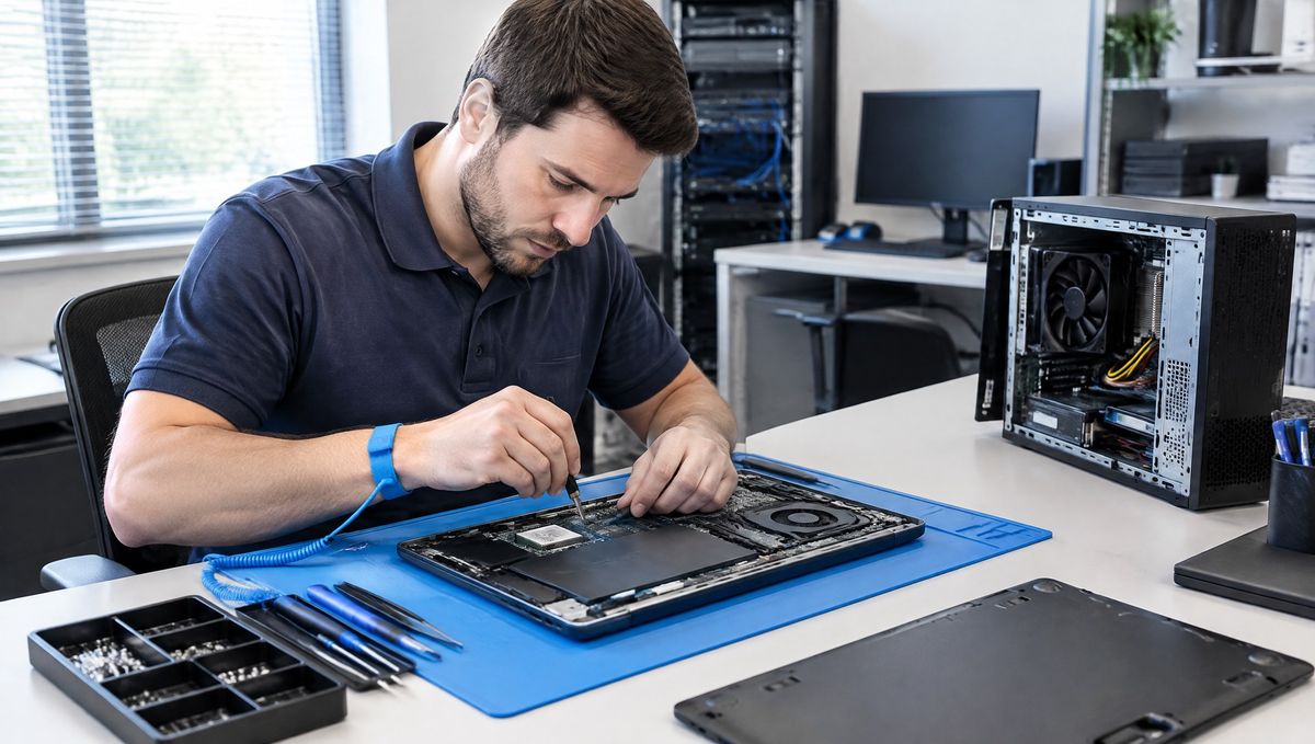 IT technician wearing a wrist strap repairs an open business laptop on an anti-static mat