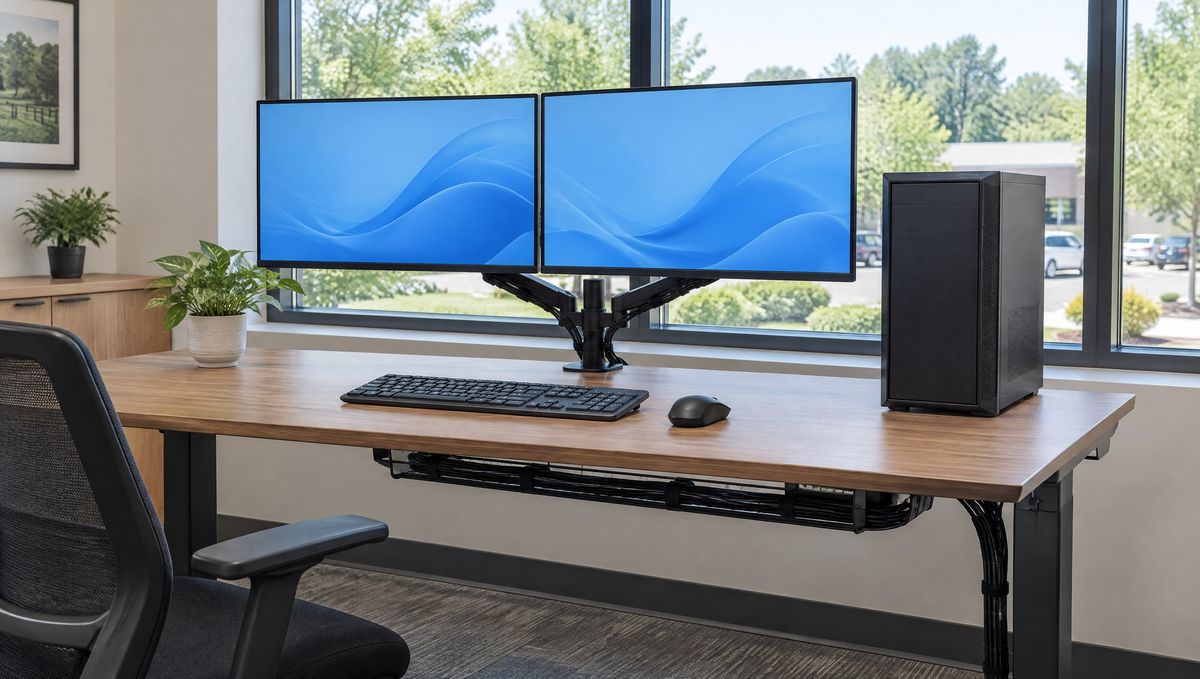 Business workstation tower and dual monitors on a desk with cables routed through an under-desk tray