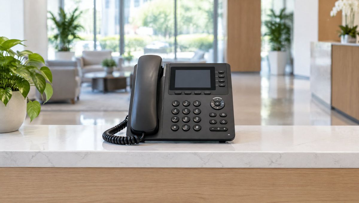 Black business IP desk phone on a marble reception desk in a bright office lobby
