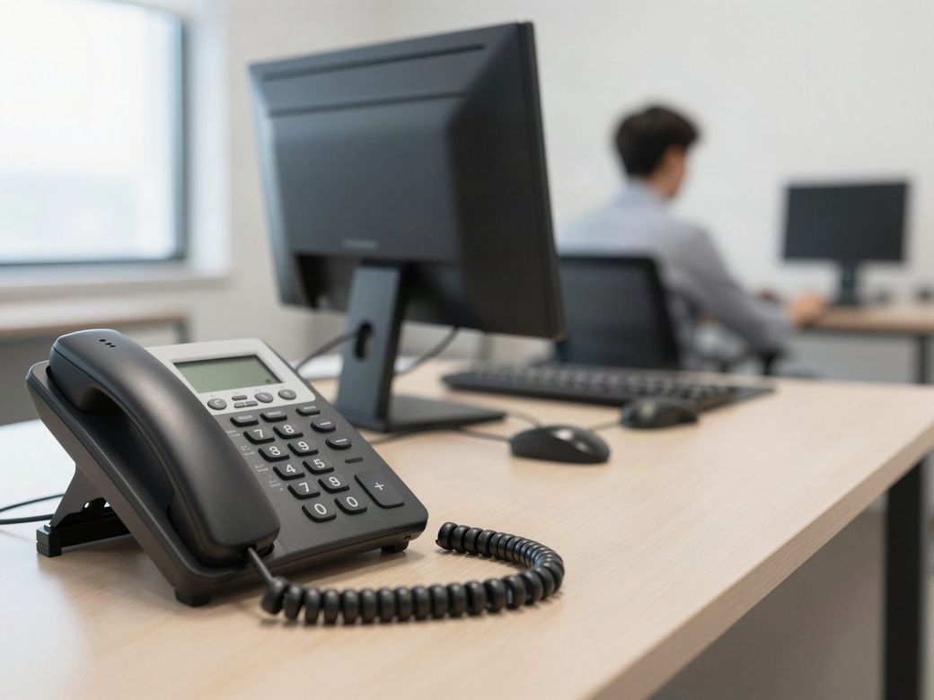 IP desk phone on an office desk next to a computer monitor