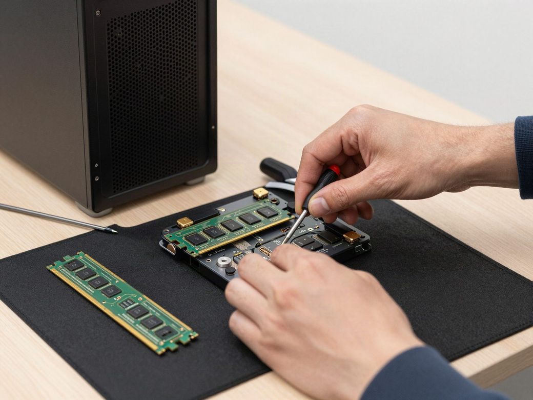 Technician installing memory in a computer on a repair bench