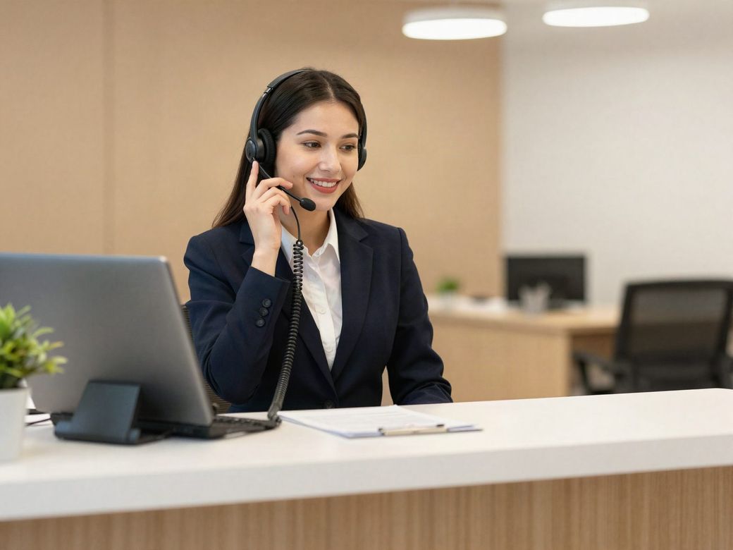 Receptionist on a headset taking a call at a small business front desk