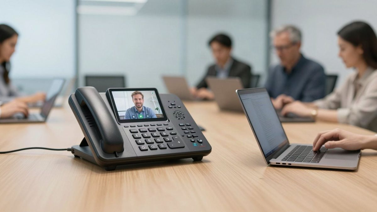 Business IP phone with a video screen on a meeting room table while a team works on laptops