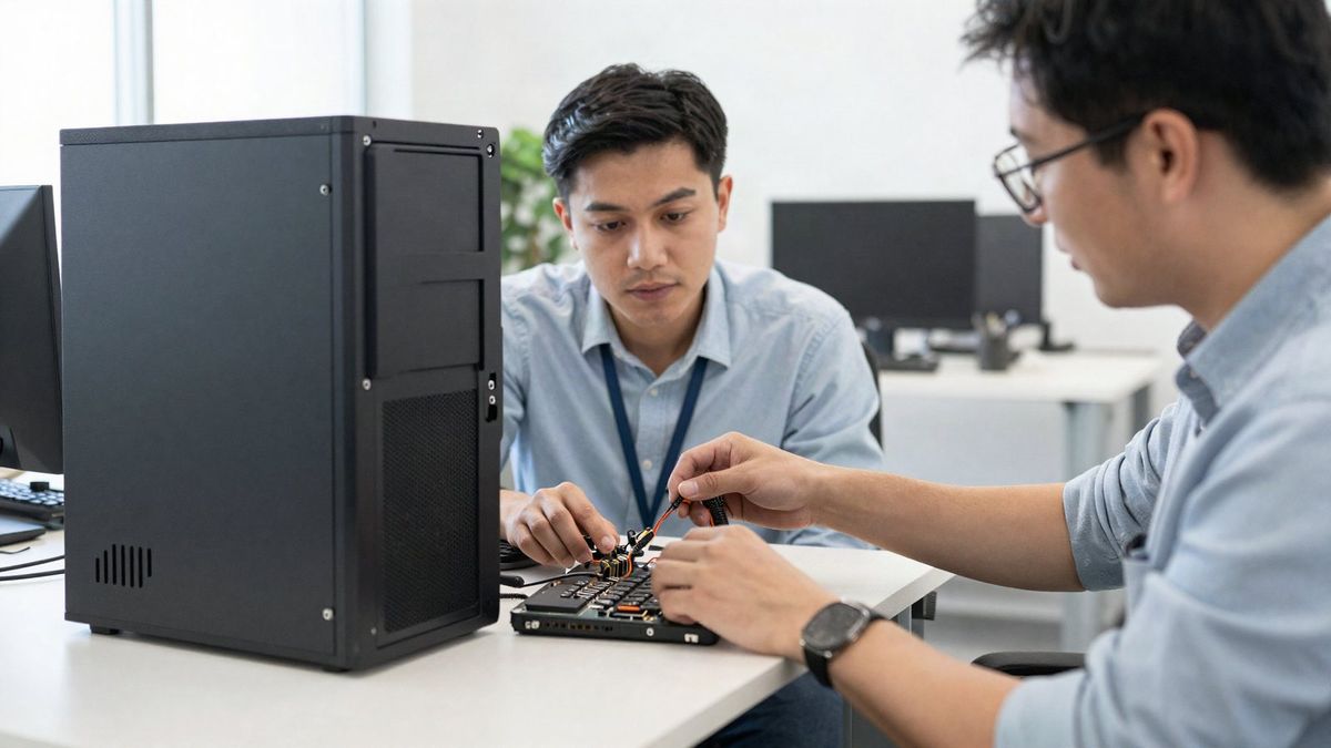 Two IT technicians working on computer components beside a desktop tower in an office