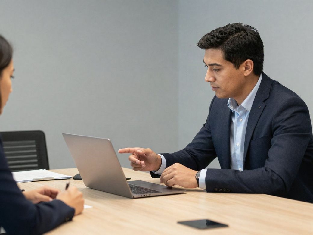 IT consultant meeting with a business client at a conference table with a laptop