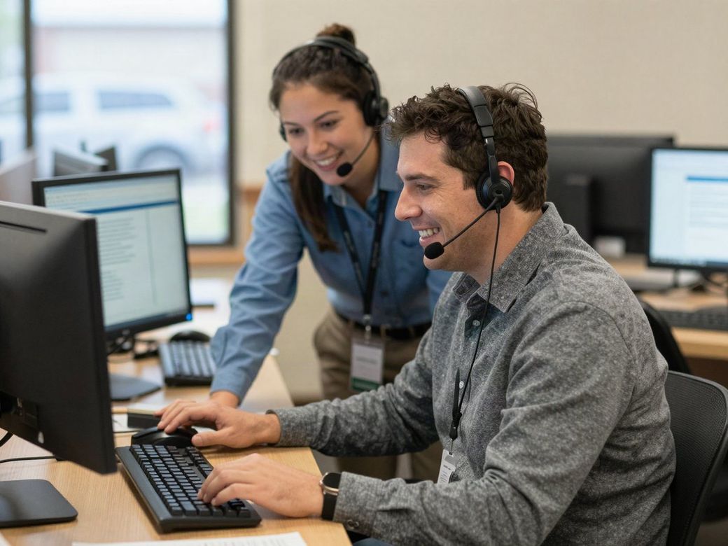 Two IT help desk staff wearing headsets working together at a computer