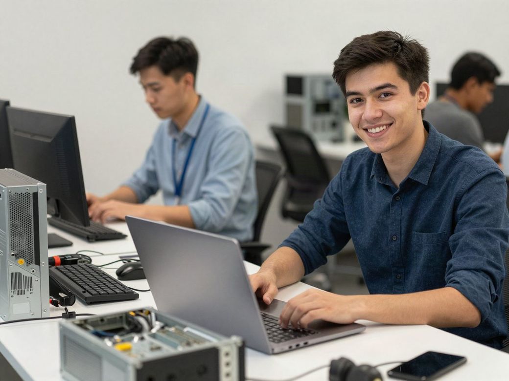 Smiling young IT technician at a laptop with coworkers and computer parts in a tech workshop