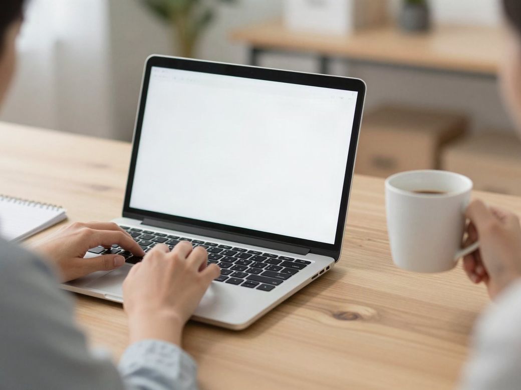 Small business owner using a laptop at a wooden desk with a cup of coffee