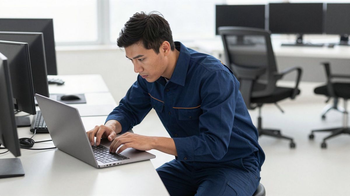 IT technician troubleshooting on a laptop at an office workstation