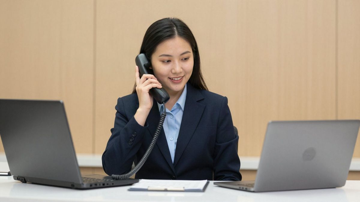 Receptionist answering a business desk phone at a front desk