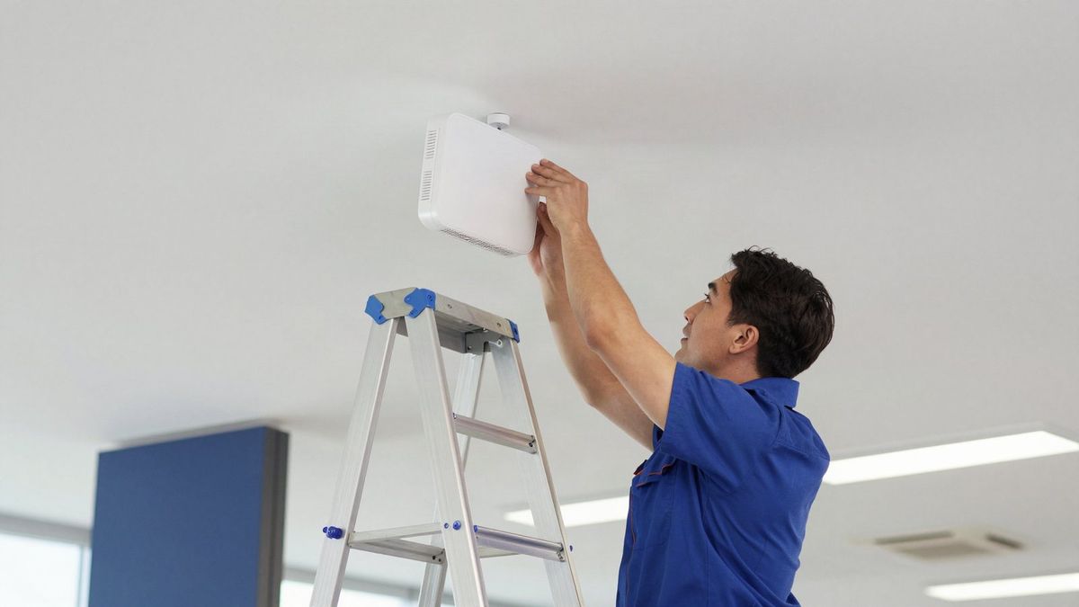 IT technician on a stepladder mounting a wireless access point on an office ceiling