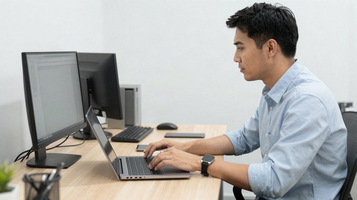 Employee working at a newly set up desk with a laptop and two monitors