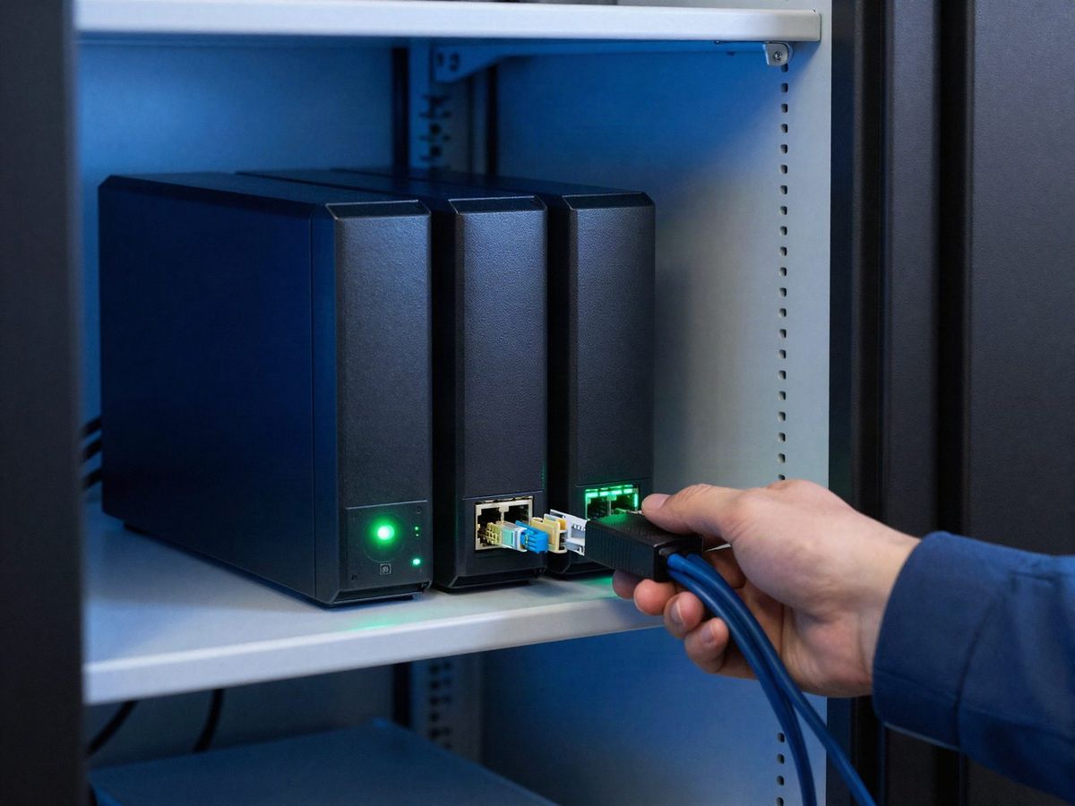 Technician connecting a backup storage unit in a small business network closet