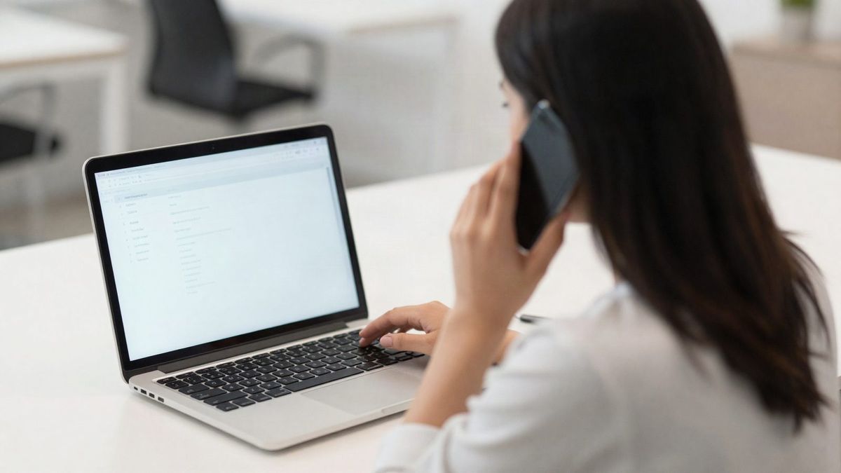 Business owner on a phone call while working on a laptop