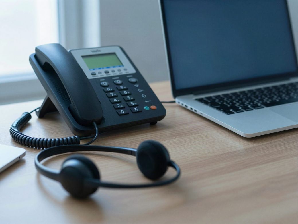 VoIP desk phone, laptop and headset on an office desk