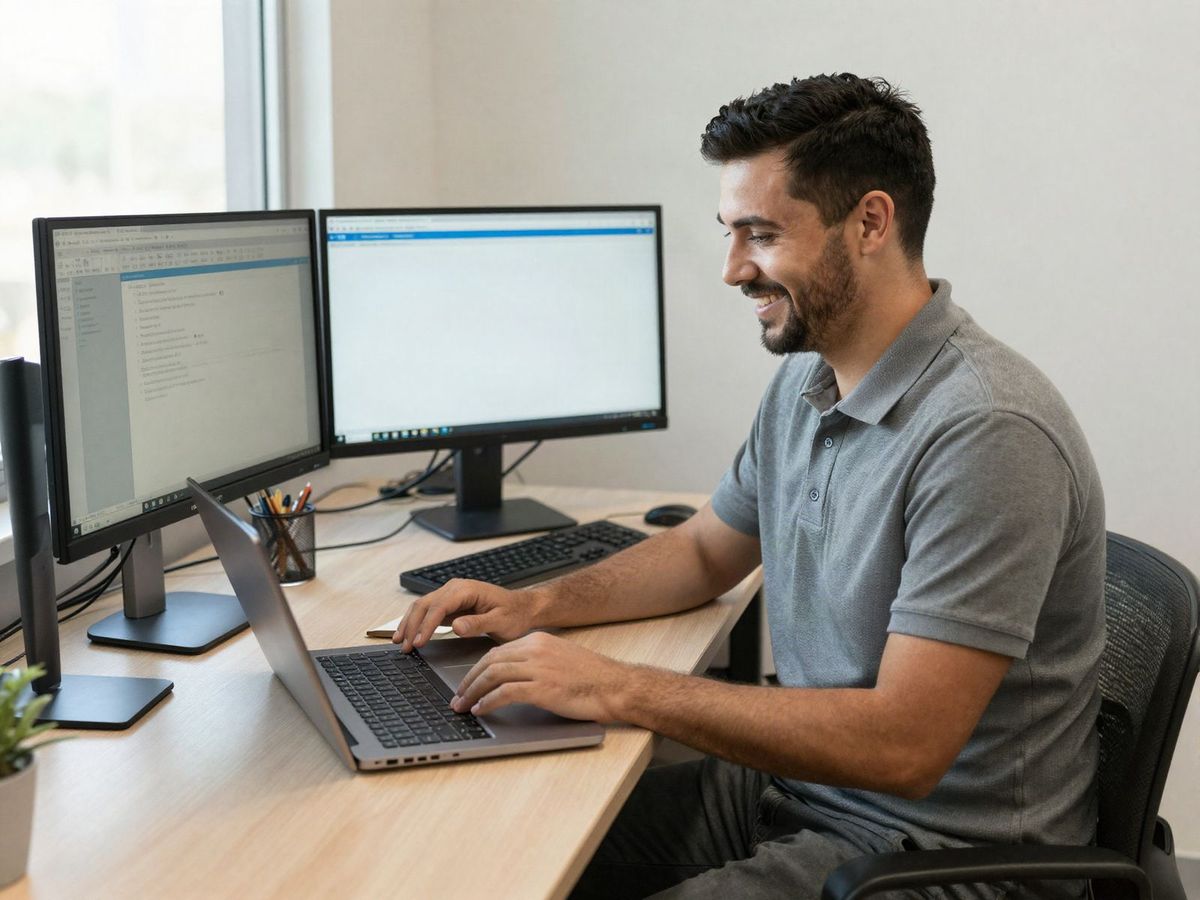 IT technician setting up a laptop and two monitors at an office desk