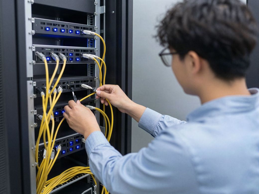IT technician connecting patch cables in an office network rack