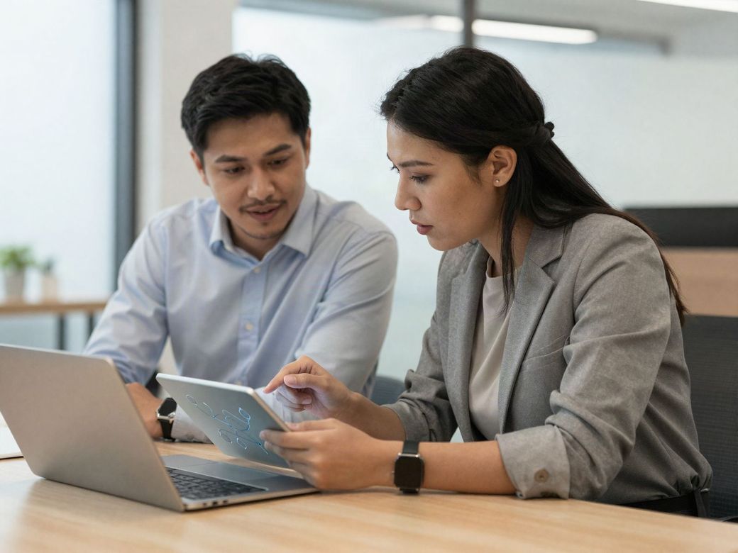 Business owner and IT consultant reviewing plans on a tablet at a conference table