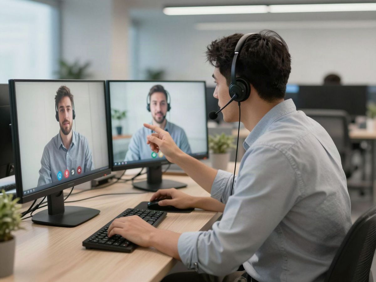 Help desk technician with a headset on a video support call with an employee