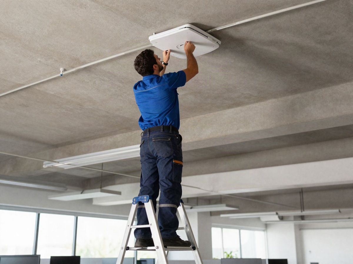 Technician on a stepladder mounting a wireless access point on an office ceiling