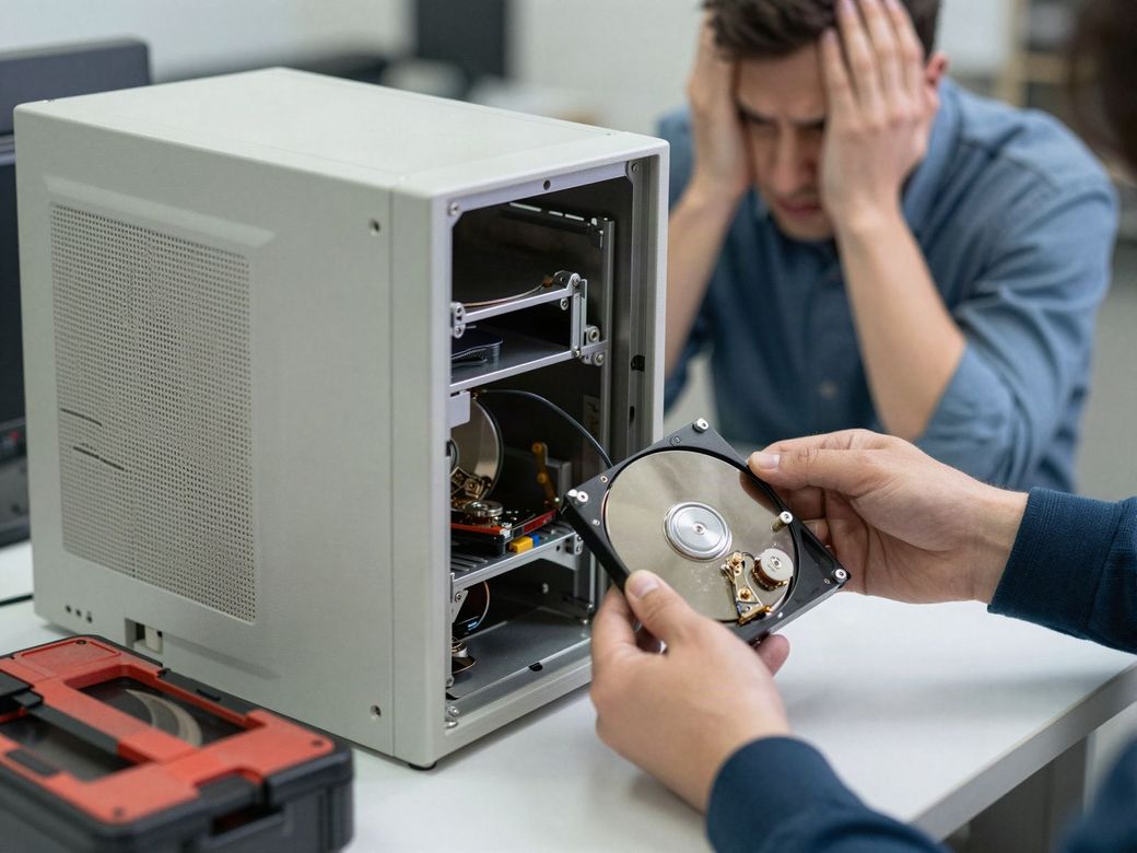 Technician holding a failed hard drive from an open office computer while a frustrated employee waits