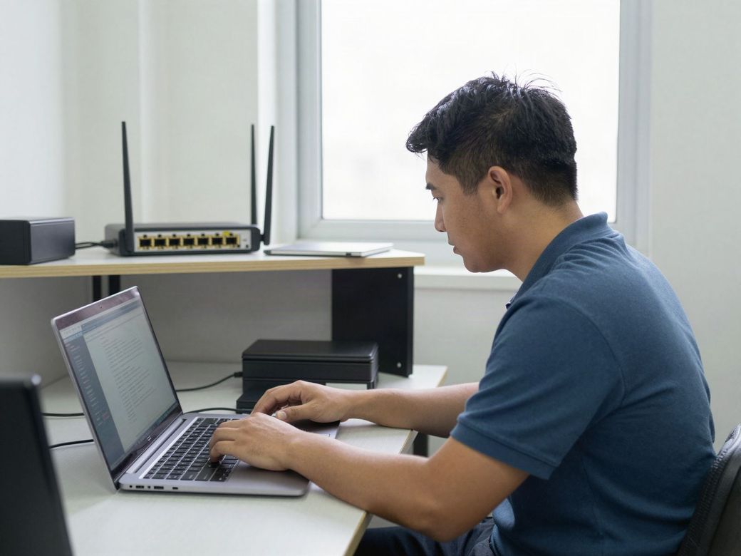 IT technician working on a laptop in a small office with a router and network equipment on the shelf behind him
