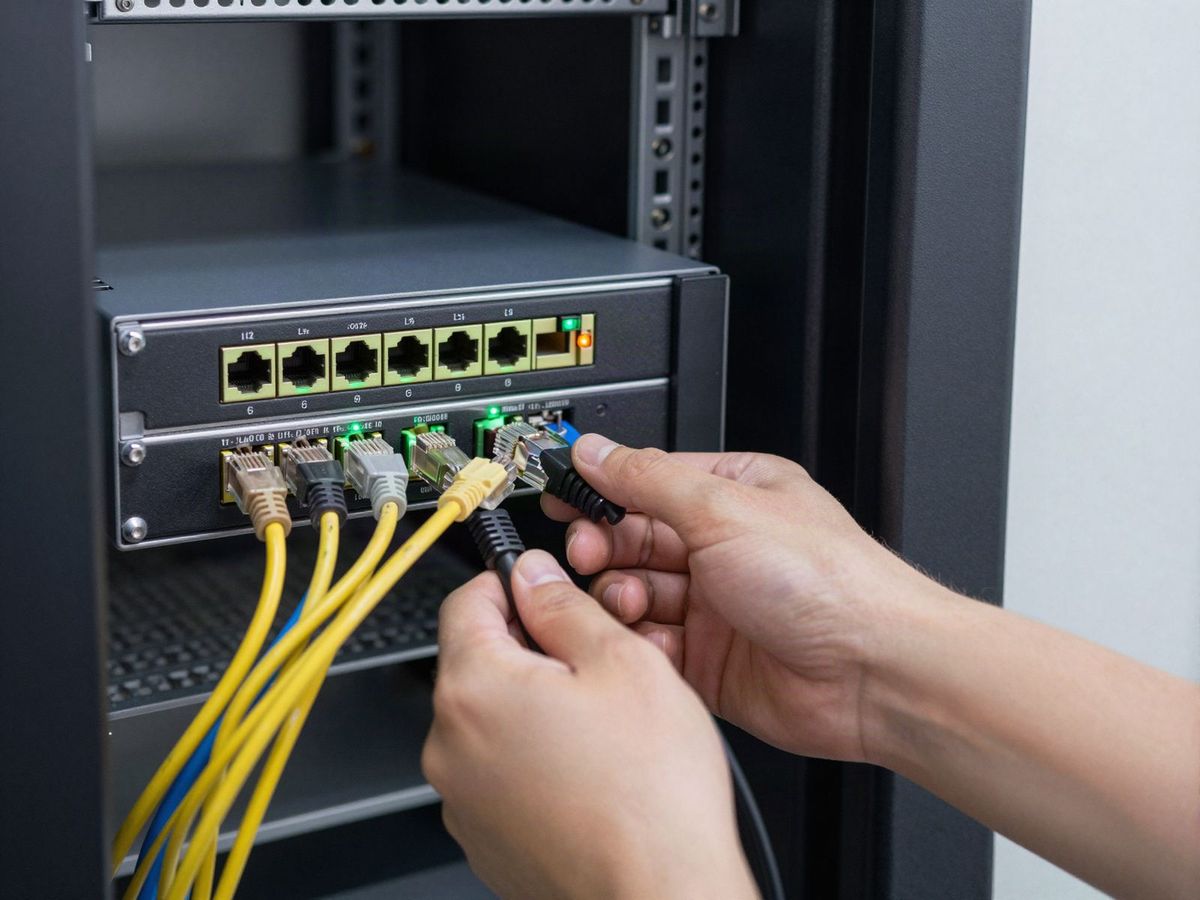 Technician connecting network cables to a rack-mounted firewall appliance