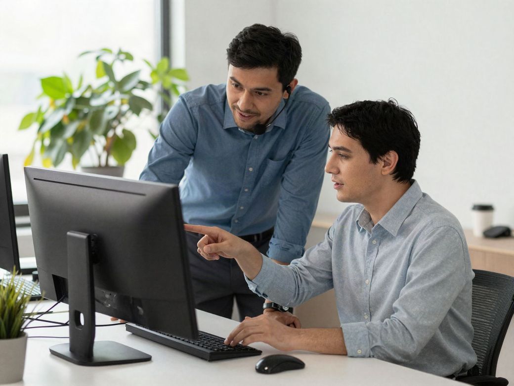 IT support technician pointing at a computer screen while helping an office employee
