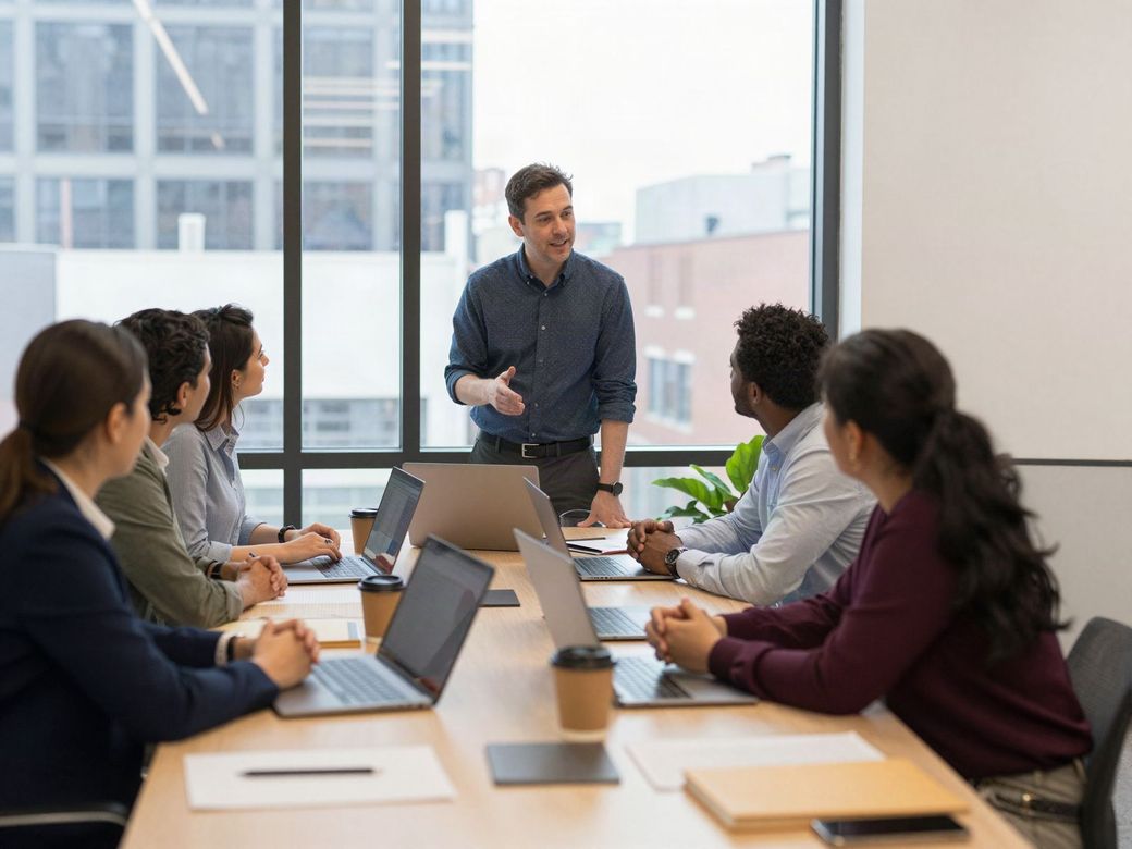 IT consultant leading a meeting with a business team at laptops in a downtown office