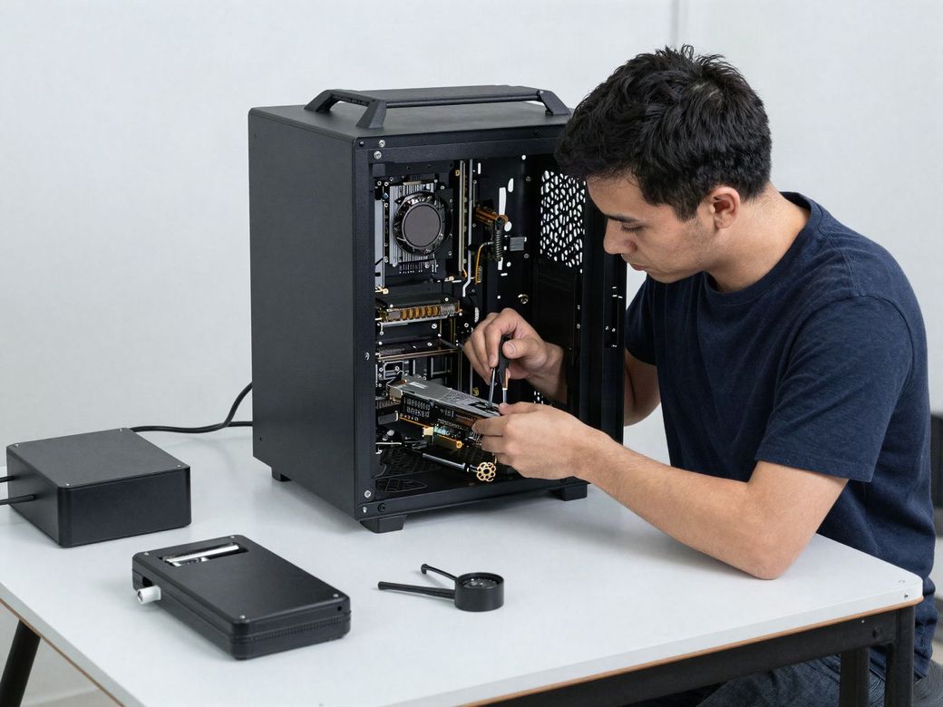 Technician installing components inside an open custom workstation tower on a workbench