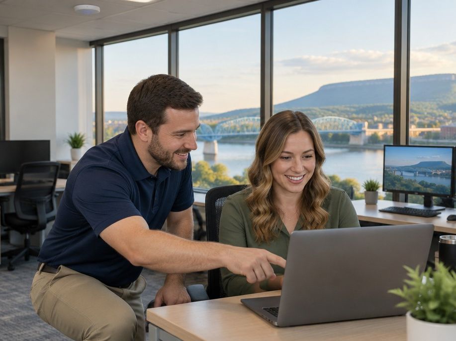 TechCore IT technician helping an employee with her laptop in a Chattanooga office overlooking the Tennessee River and Lookout Mountain
