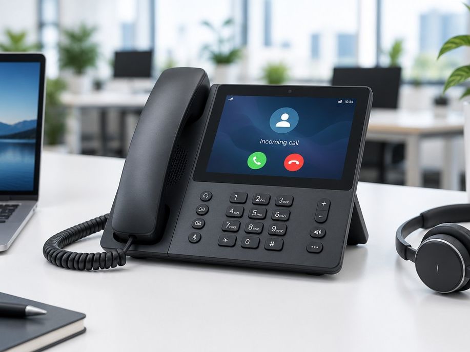 Modern business VoIP desk phone with a touchscreen showing an incoming call, next to a laptop and headset