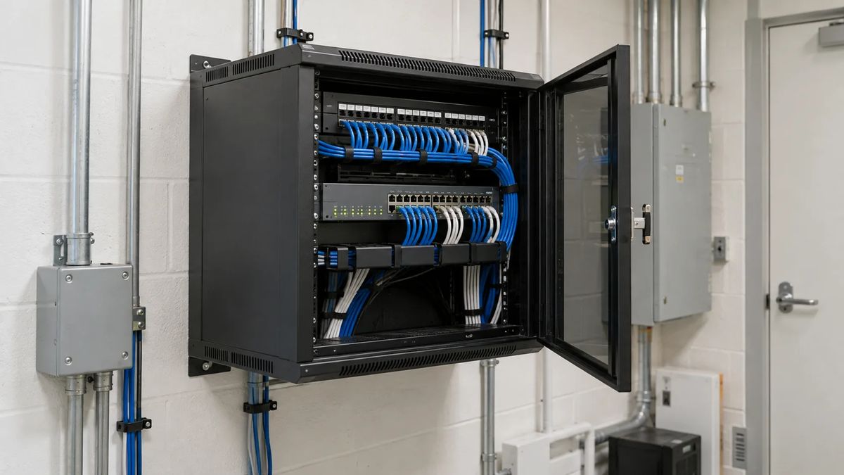 Wall-mounted business network cabinet with organized Ethernet cabling