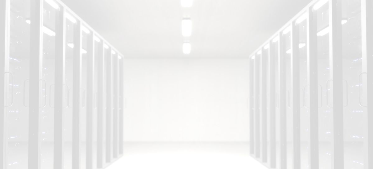 Aisle between rows of server racks in a bright data center
